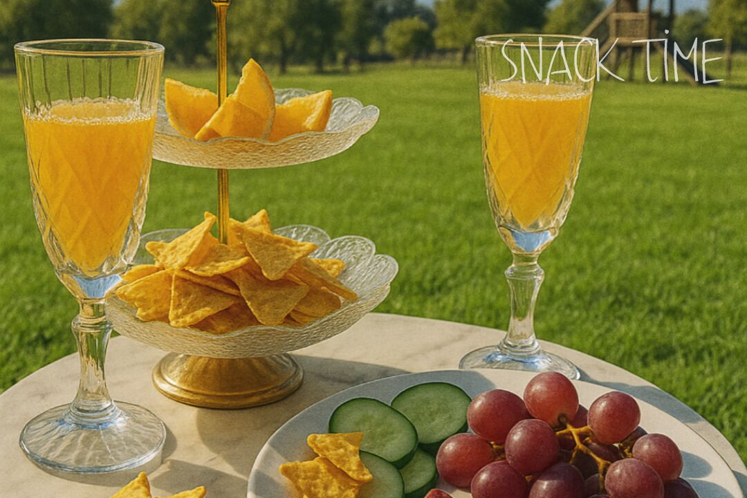 Une table avec deux verres de jus d’orange, un bol de chips et une assiette avec des raisins et des tranches de concombre.