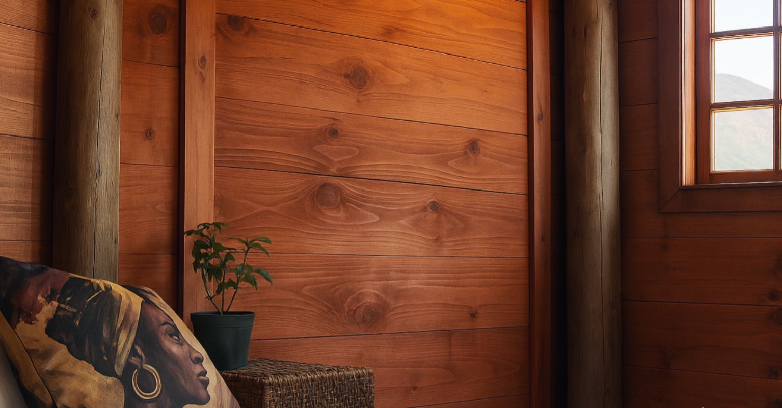 Une pièce en bois avec un lit, un oreiller, une plante en pot et une fenêtre.