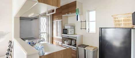 Fridge, microwave, stovetop, high chair