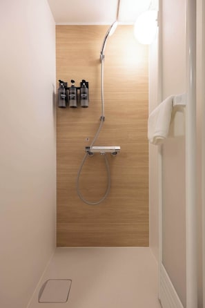Shower, hair dryer, shampoo