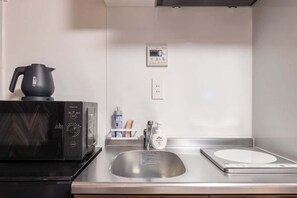 Fridge, microwave, electric kettle, cookware/dishes/utensils