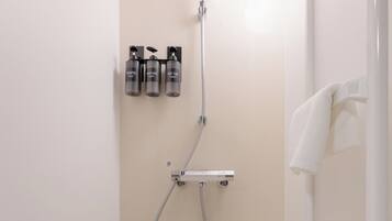 Shower, hair dryer, shampoo