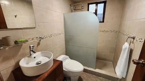 Douche, sèche-cheveux, serviettes fournies, papier toilette