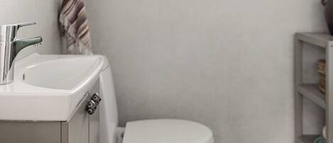 Une salle de bain avec un lavabo blanc, des toilettes, une fenêtre et une étagère avec des plantes.