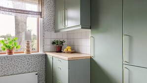 A kitchen with green cabinets, a window with a curtain, and a potted plant on the windowsill.