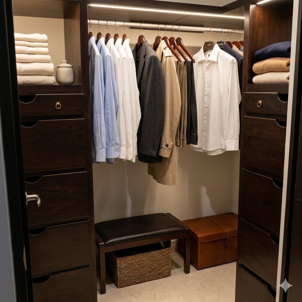 Een inloopkast met hangende kleding, lades en een bankje.