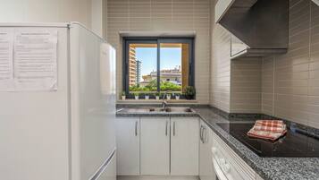 Fridge, microwave, oven, stovetop