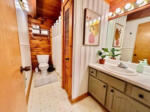 A bathroom with wooden walls, a white toilet, a sink with a mirror, and a potted plant.