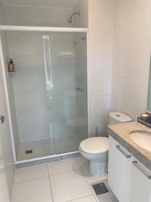 Hair dryer, towels, soap, toilet paper