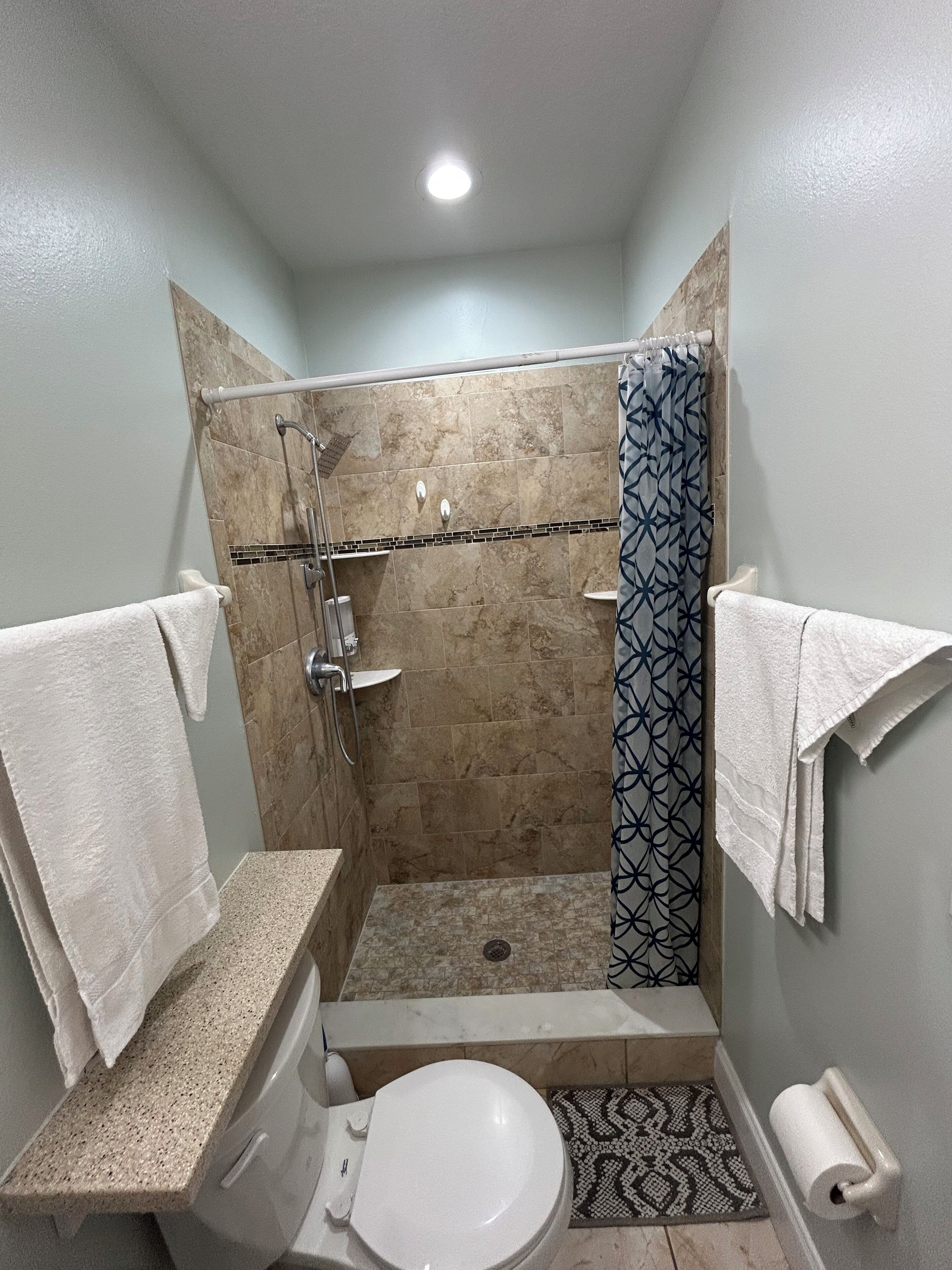 Hair dryer, towels, soap, toilet paper