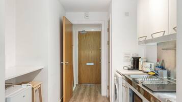 Fridge, microwave, coffee/tea maker, toaster