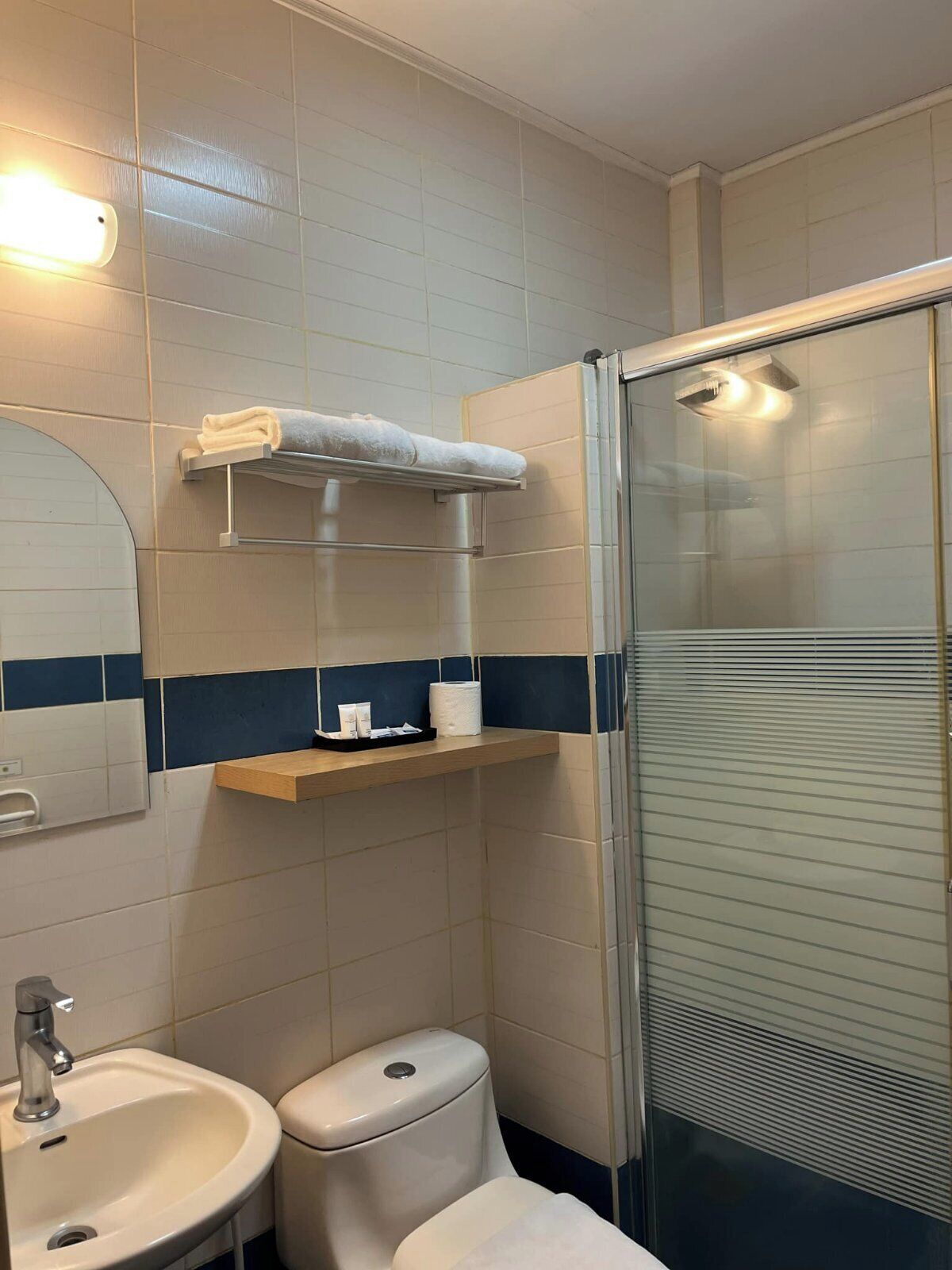 A bathroom with a sink, toilet, and a glass-enclosed shower. There is a towel rack above the toilet and a shelf with toiletries.