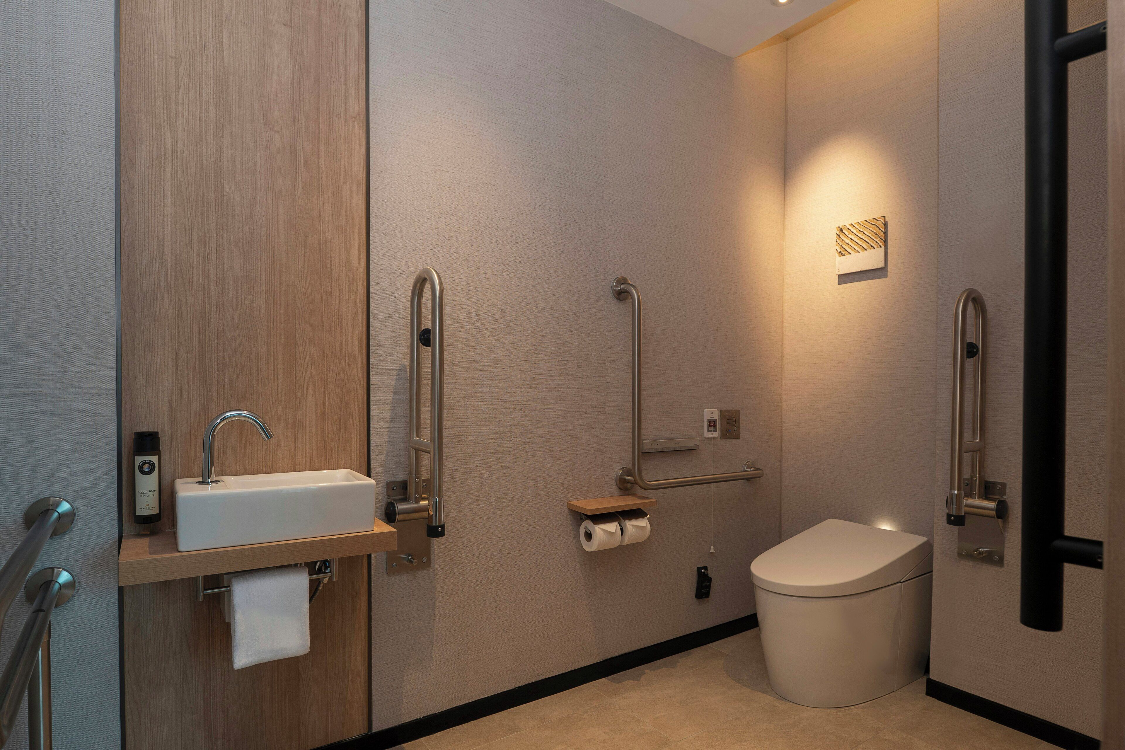 A modern bathroom with a sink, toilet, and grab bars.