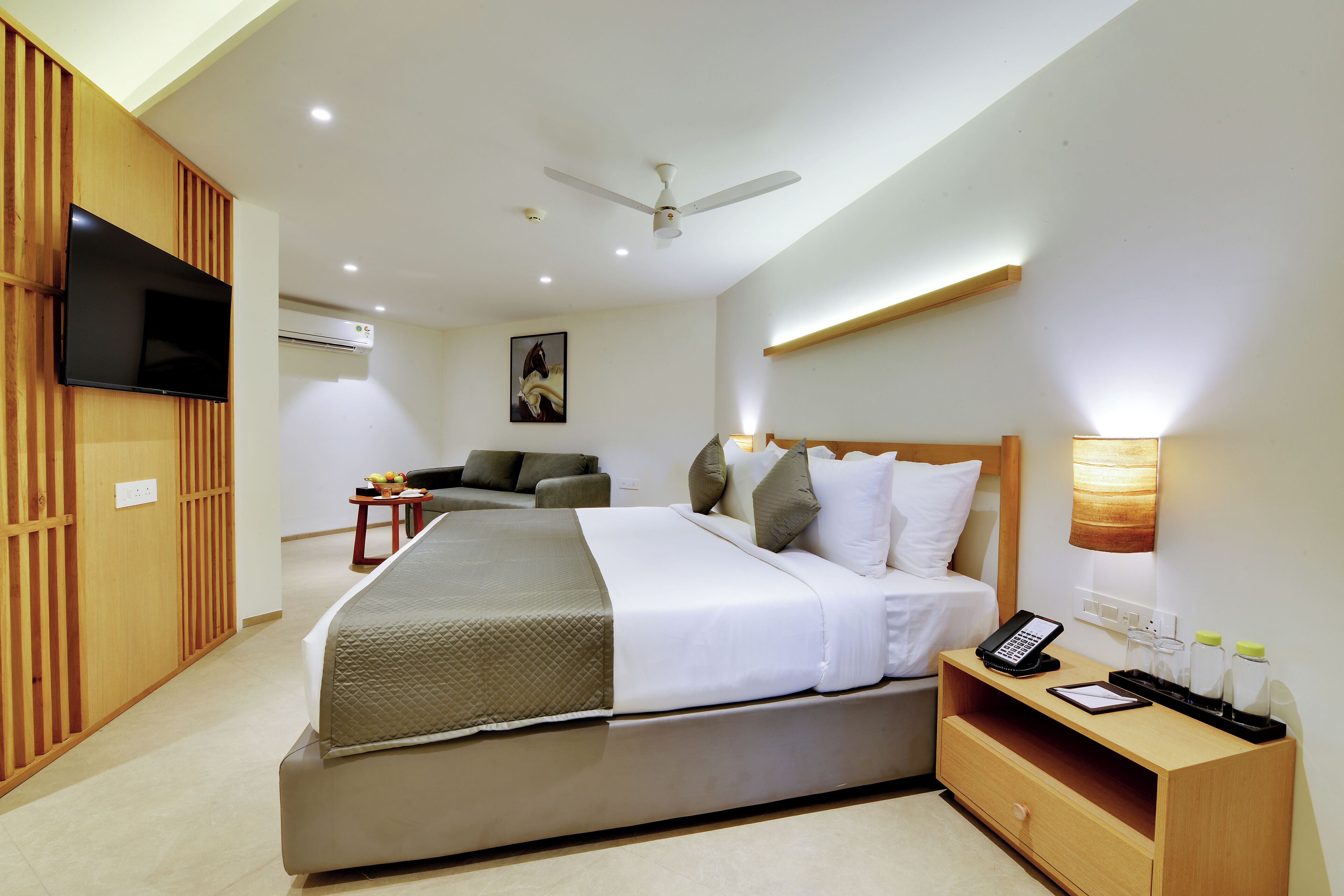 A modern hotel room with a large bed, a flat-screen TV mounted on the wall, a ceiling fan, and a bedside table with a phone and a lamp.