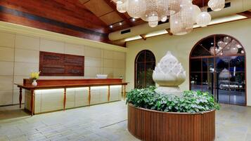 A reception area with a wooden reception desk, a large potted plant, and a decorative wall panel.
