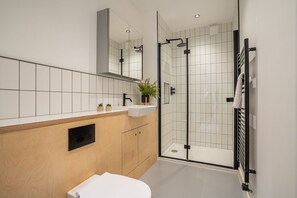 Shower, hair dryer, towels