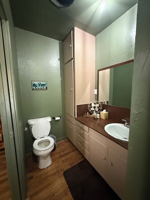 Een douche, handdoeken, toiletpapier
