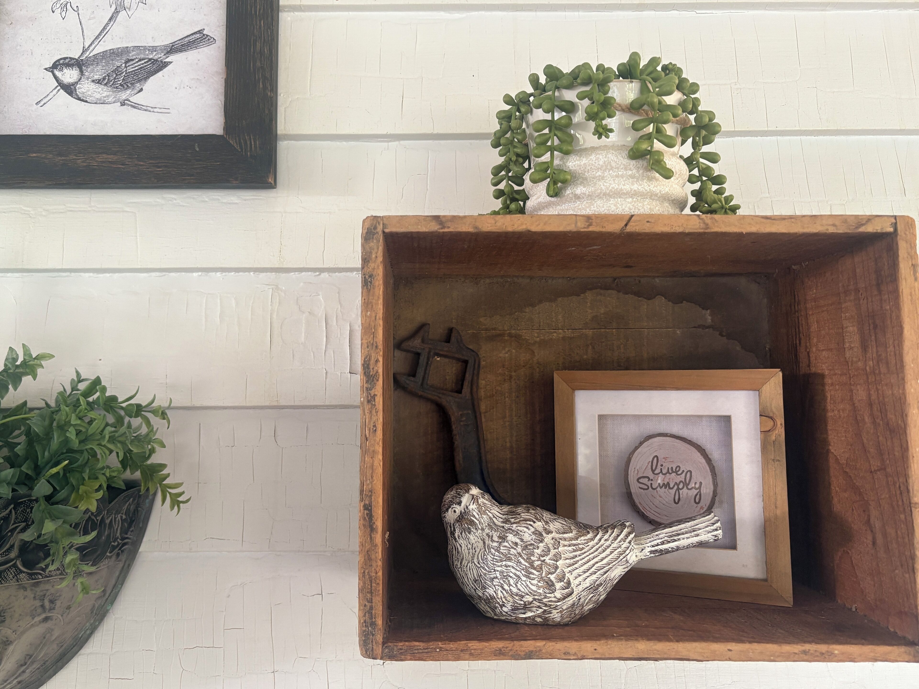 Une boîte en bois contenant un cadre avec une photo, une petite plante et un oiseau décoratif.