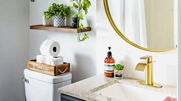 Baño con inodoro, lavabo, espejo y estantes con plantas.
