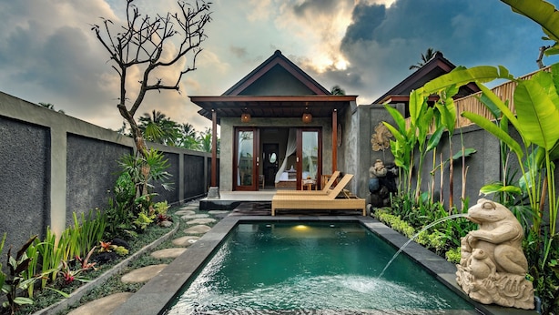 A modern house with a pool, surrounded by tropical plants and a stone pathway. - Shankara Villa Ubud by Dhananjaya Hospitality (Sebatu)