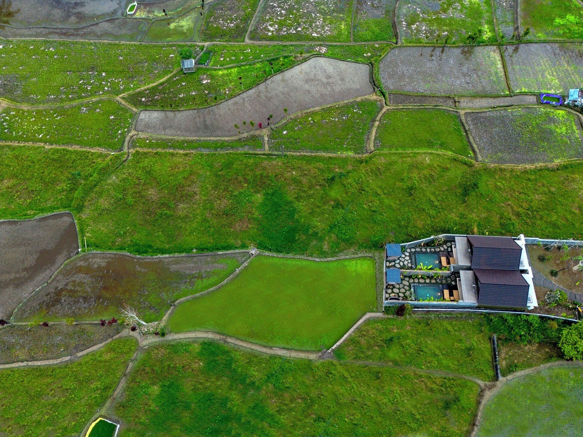 An aerial view of a property with distinct green fields, a central water body, and a building with a sloped roof and stone foundation.