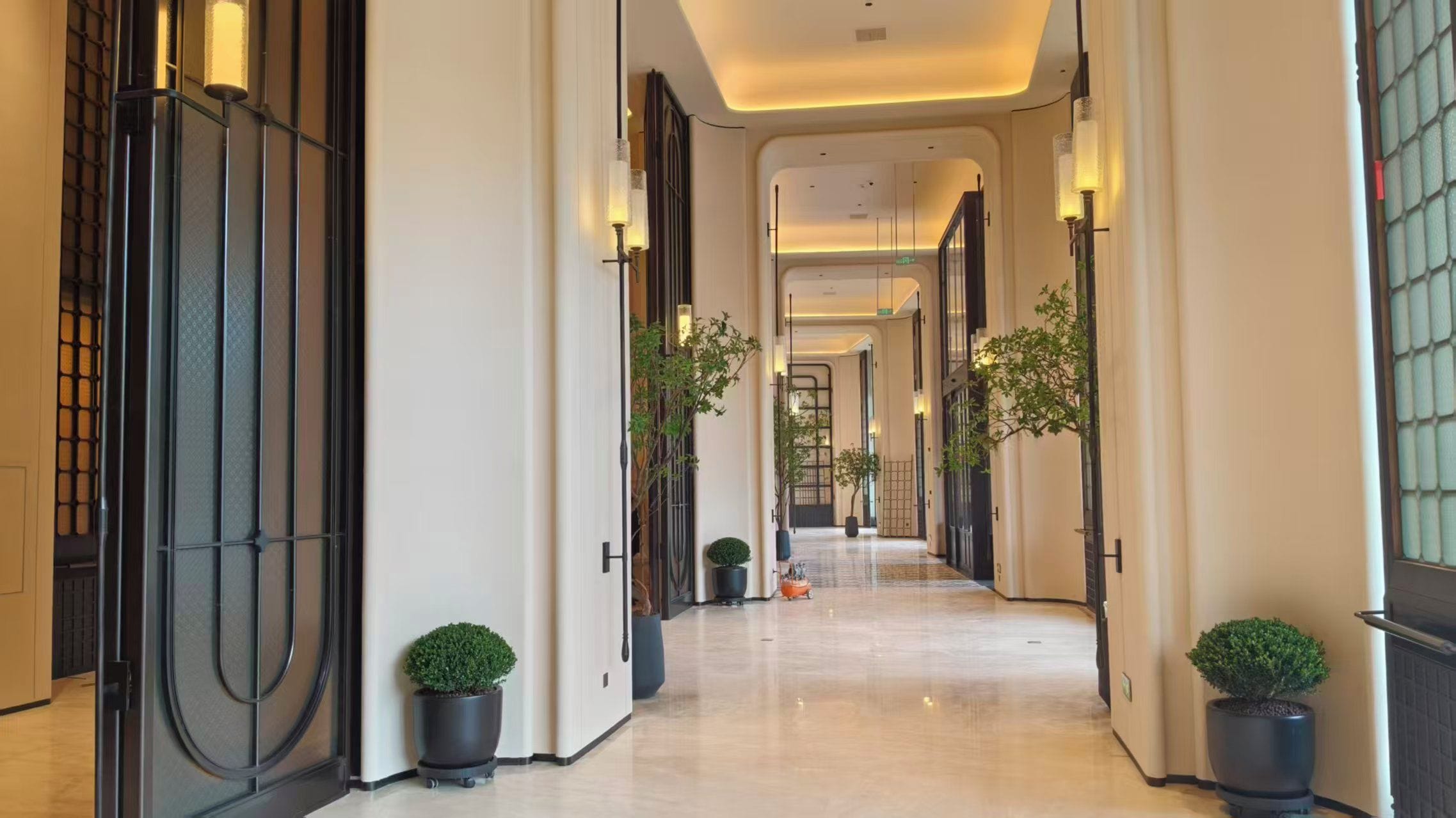 Un pasillo de hotel con piso pulido, plantas en macetas e iluminación moderna.
