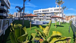 Un hôtel moderne doté d’une piscine, de palmiers et d’une pelouse bien entretenue.