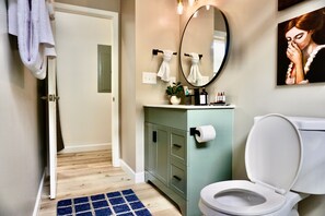 Hair dryer, towels, soap, shampoo