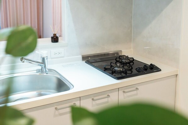Fridge, microwave, stovetop, cookware/dishes/utensils