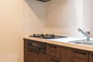 Fridge, microwave, stovetop, cookware/dishes/utensils