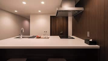 Fridge, stovetop, cookware/dishes/utensils