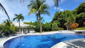 A swimming pool with a curved edge, surrounded by a white deck and palm trees.