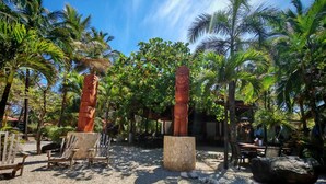 A tropical outdoor area with wooden chairs and tables, surrounded by palm trees and two large stone pillars.