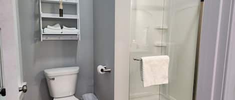 Douche, sèche-cheveux, serviettes fournies, savon