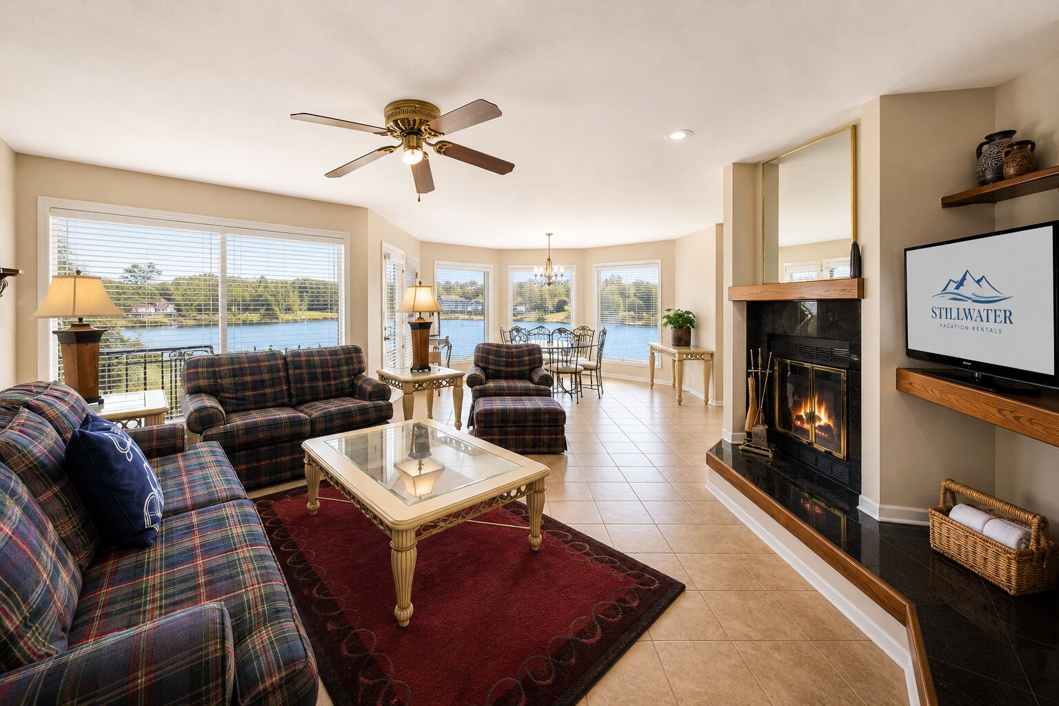 TV, fireplace, books