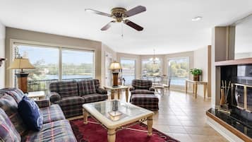 TV, fireplace, books