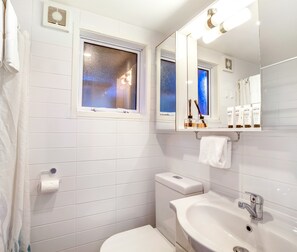 A bathroom with a toilet, sink, and window with a view of the sky. - Shelley Beach- House (Waiheke Island)