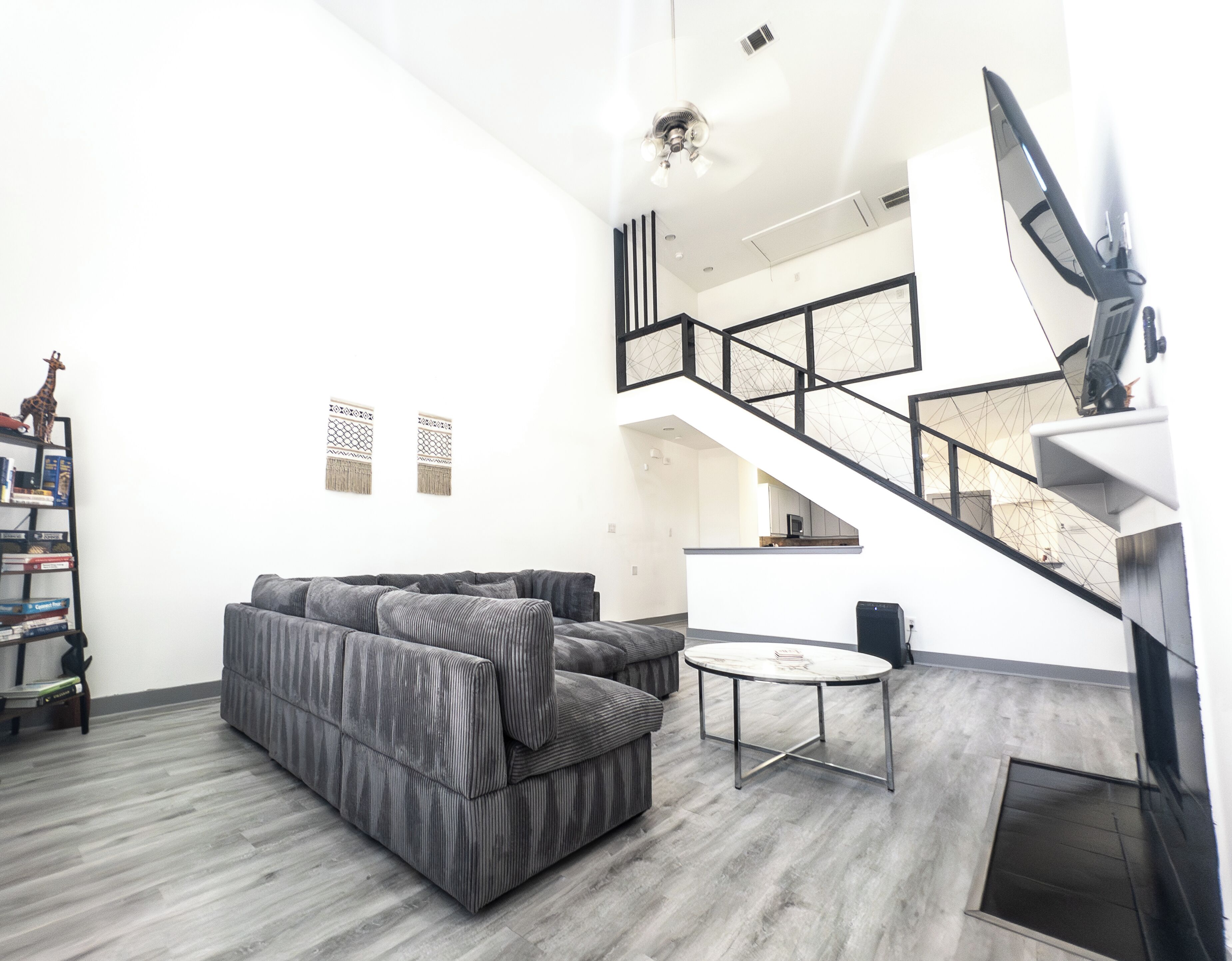 Smart TV, fireplace, DVD player, books