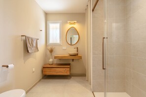 Et badeværelse med toilet, vask med træskab, spejl og bruseområde.