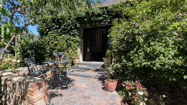 Un chemin de pierres menant à une porte en bois, entouré d’une végétation luxuriante et de plantes en pot.