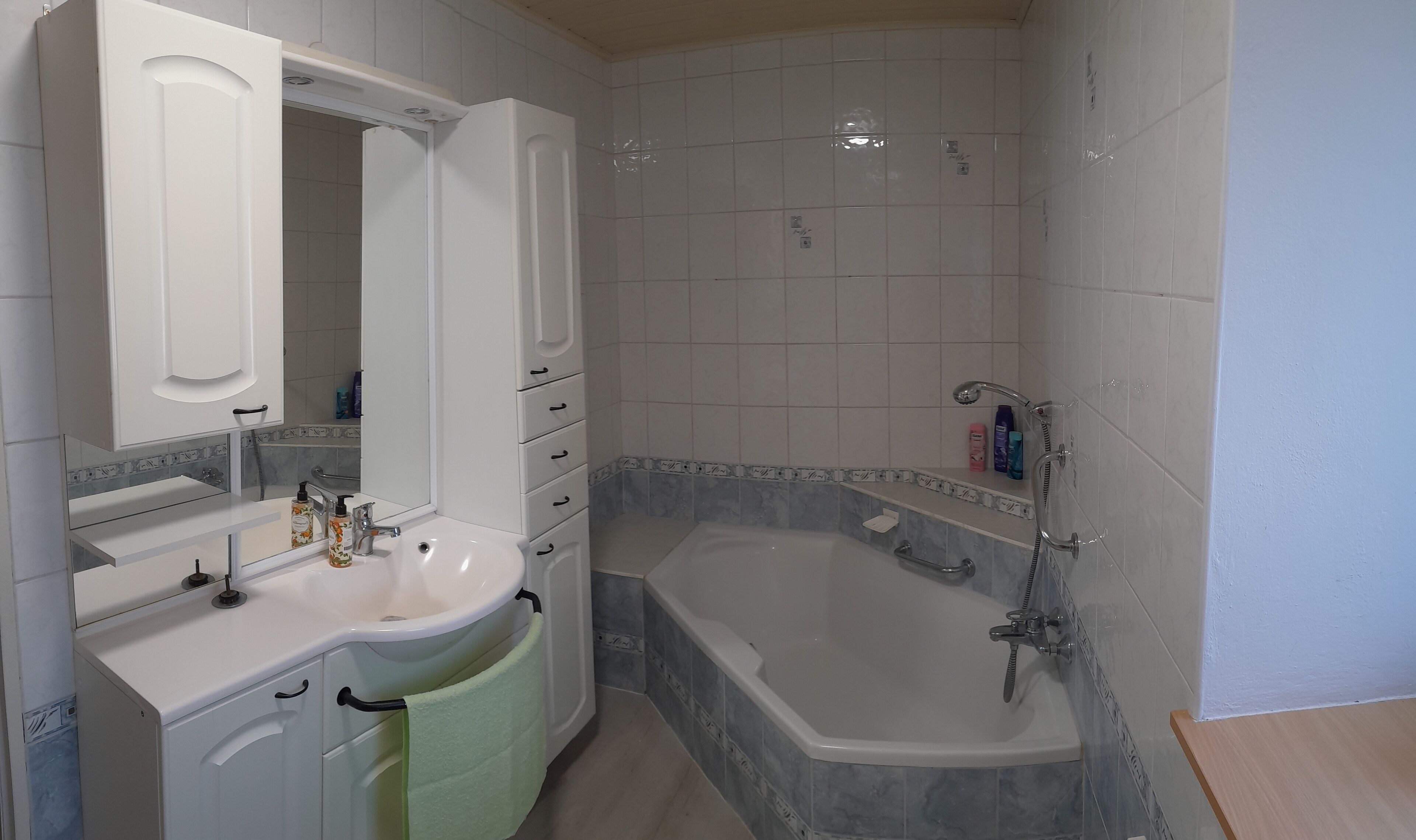Shower, towels, soap, toilet paper