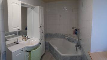 Shower, towels, soap, toilet paper