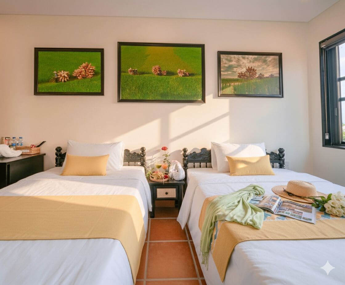 A hotel room with two single beds, a nightstand, and three framed paintings on the wall.