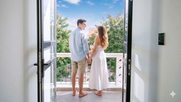 A couple standing on a balcony with a clear view of the sky and trees. - Du Yen Hoi An Villa (Da Nang)