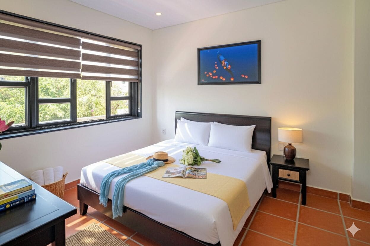 A hotel room with a bed, a nightstand, a lamp, a window with blinds, a framed picture on the wall, and a view of trees outside.