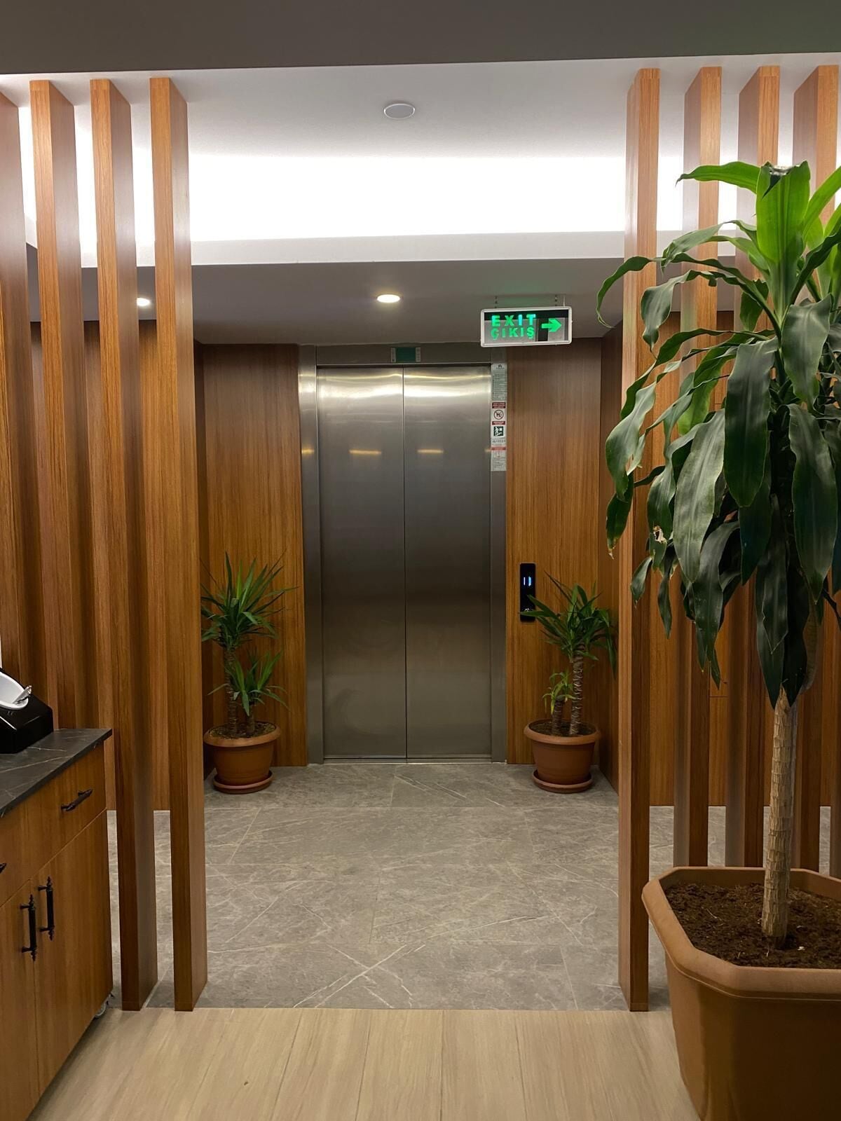 Zona de ascensor con paneles de madera, plantas en macetas y señal de salida digital.