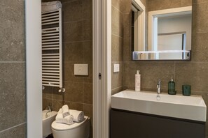 Regadera, secadora de cabello, bidet, toallas 