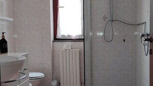 Un baño con ducha, inodoro y lavamanos.