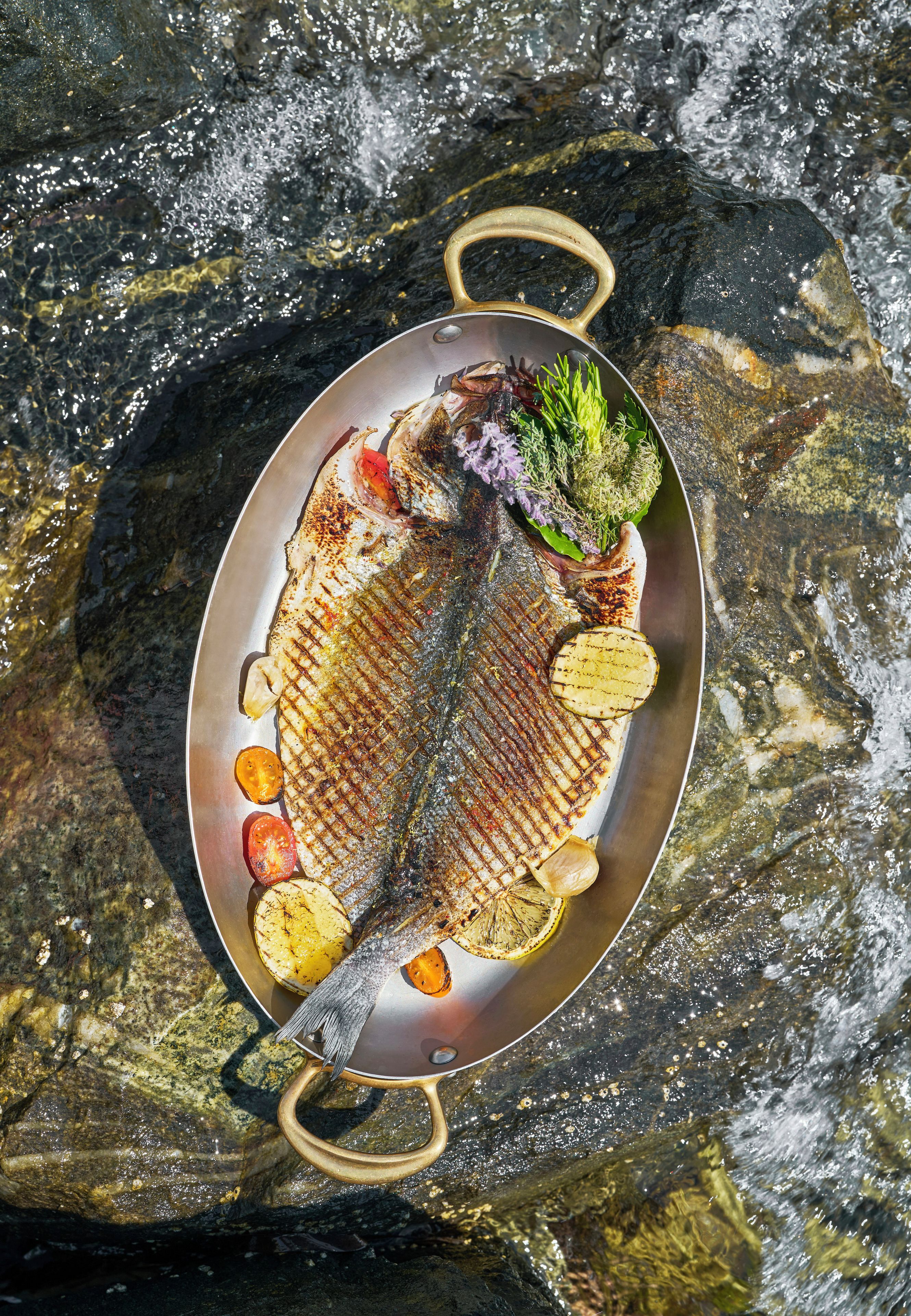 Un poisson grillé, servi sur une assiette en métal avec des rondelles de citron et des herbes, le tout posé sur un rocher.