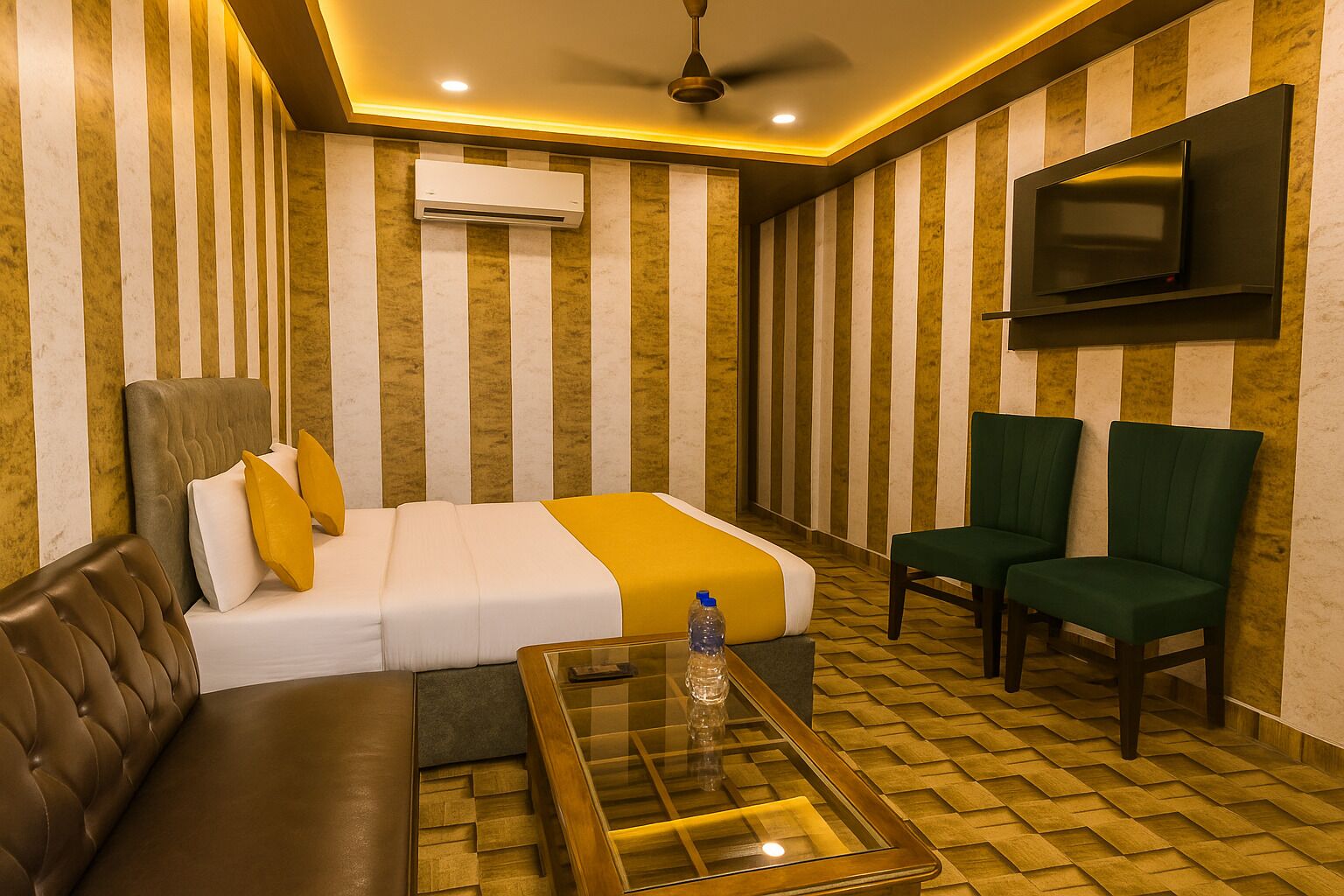 Habitación de hotel con cama, sofá, dos sillones, televisión y aire acondicionado.
